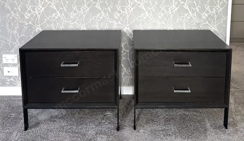 Pair of Dark Wood Chrome Handled Bedside Cabinets H54xD45xW60cm Image 1++