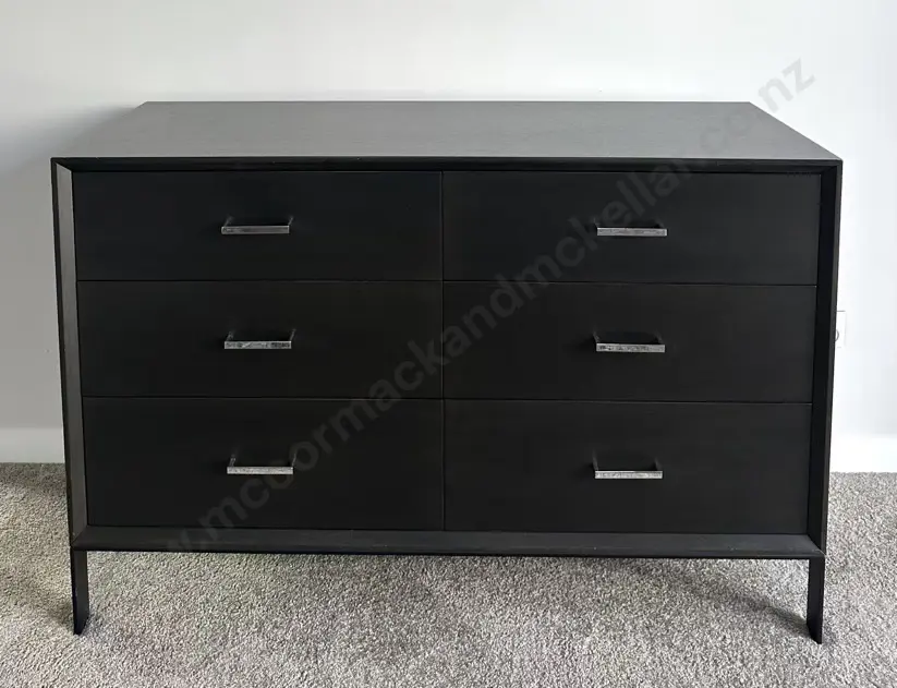 Dark Wood Chrome Handled Six Drawer Lowboy H78xL120xD48cm Image 1++