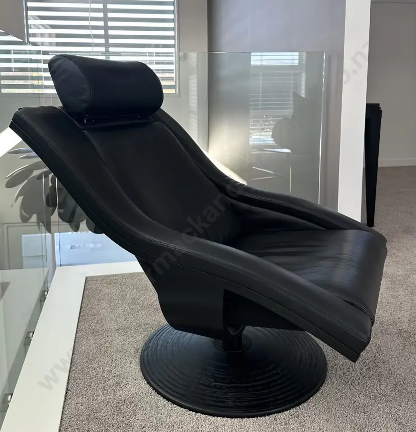 Swedish Style Black Leather Lounge Chair on Swivel Base Image 1++