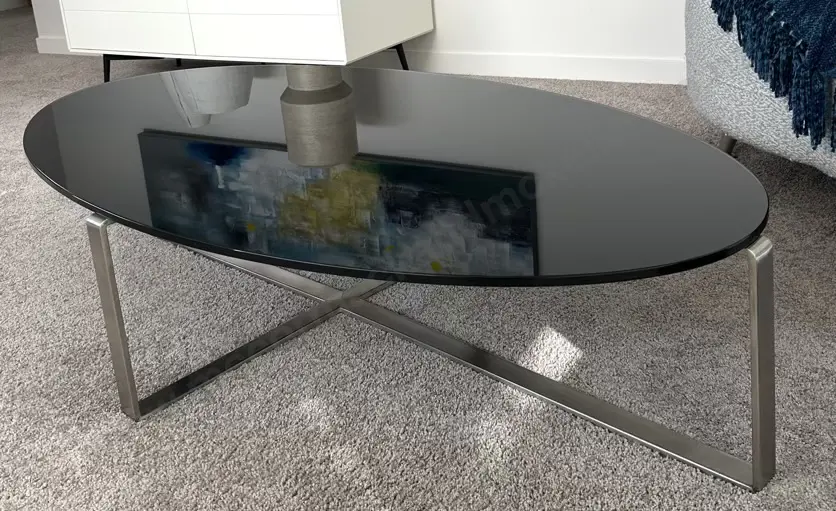 Oval Black Glass Coffee Table on Chrome Base 148x75xH31cm Image 1++
