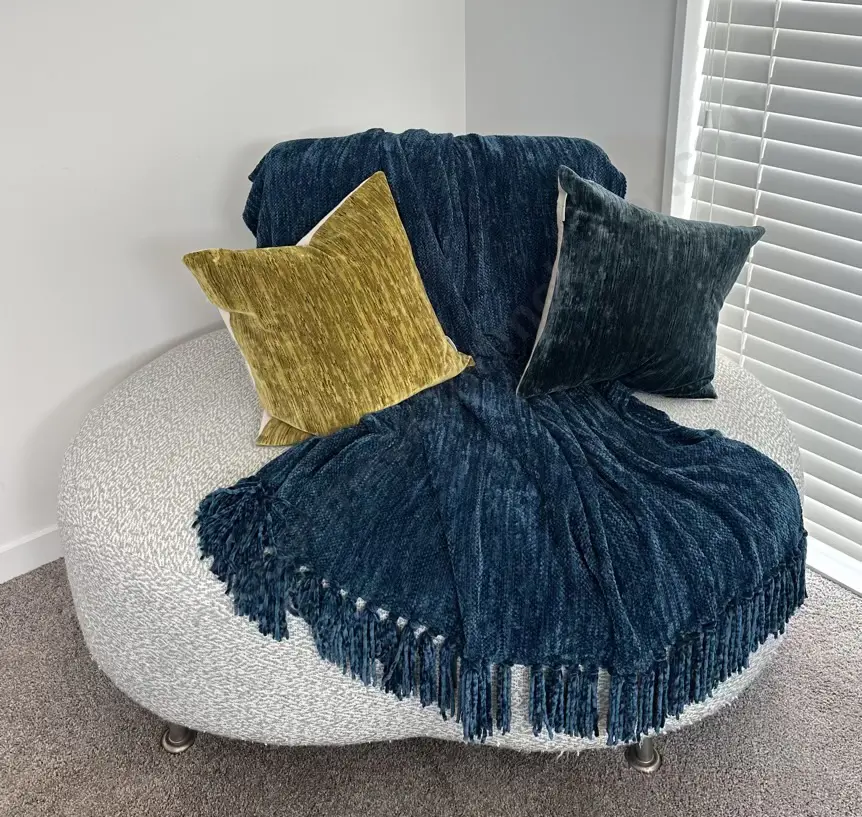 Fabric Upholstered Kidney Shaded Two Seater Chair with Cushions and Throw H90xD127cm Image 1++