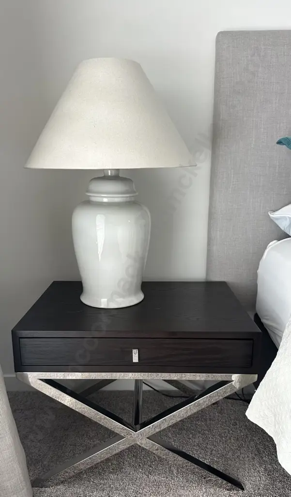Dark Wood and Chrome Cross Based Bedside Table H50xW65xD45cm Image 1++