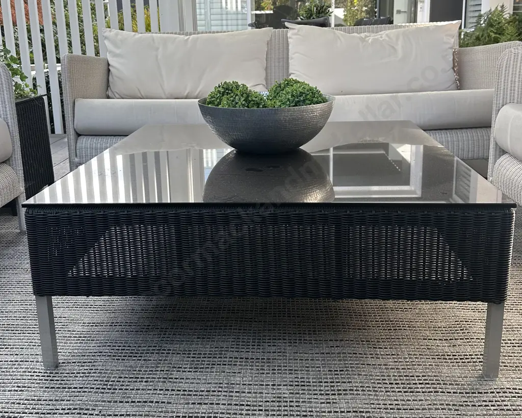 Woven Coffee Table with Glass Top on Chrome Legs 100x100cm and Two Woven Glass Top Side Tables (one glass AF) 45x45cm Image 1++