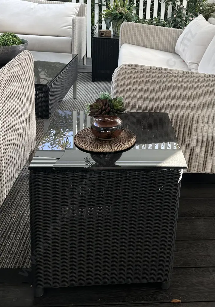 Woven Coffee Table with Glass Top on Chrome Legs 100x100cm and Two Woven Glass Top Side Tables (one glass AF) 45x45cm Image 1++
