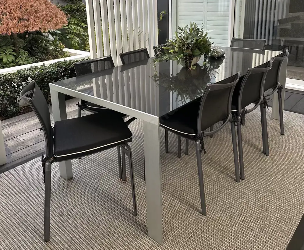 Glass and Aluminum Outdoor Table L200x100cm and Eight Padded Outdoor Dining Chairs Image 1++