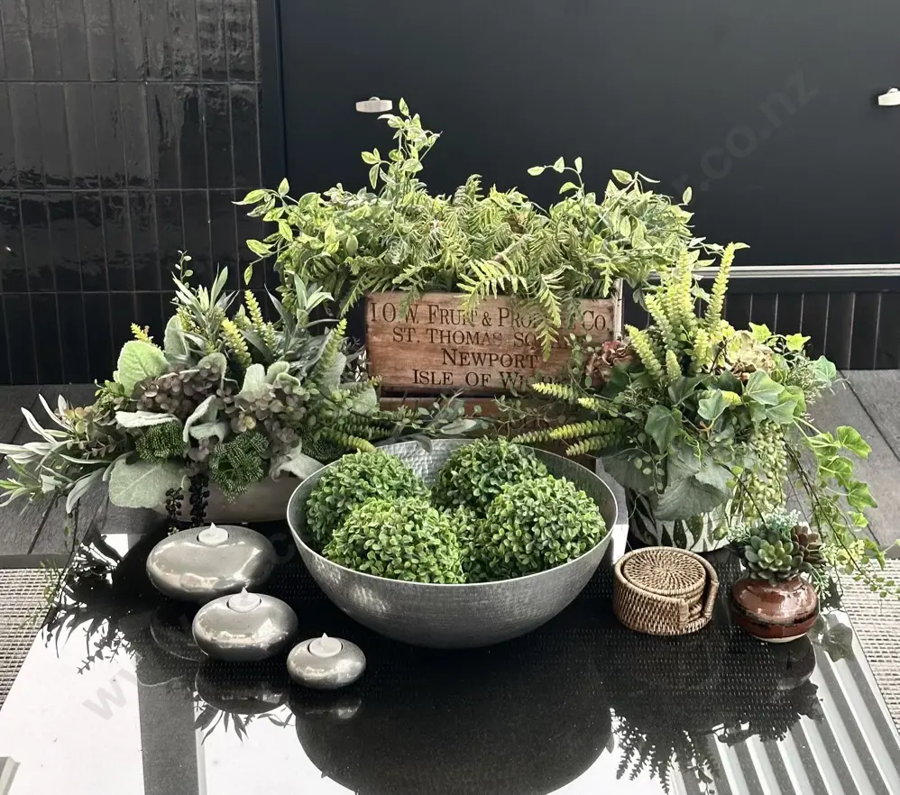 Collection of Faux Plant Decor in Pots, Metal Bowl, Wooden Boxes, Coasters etc Image 1++