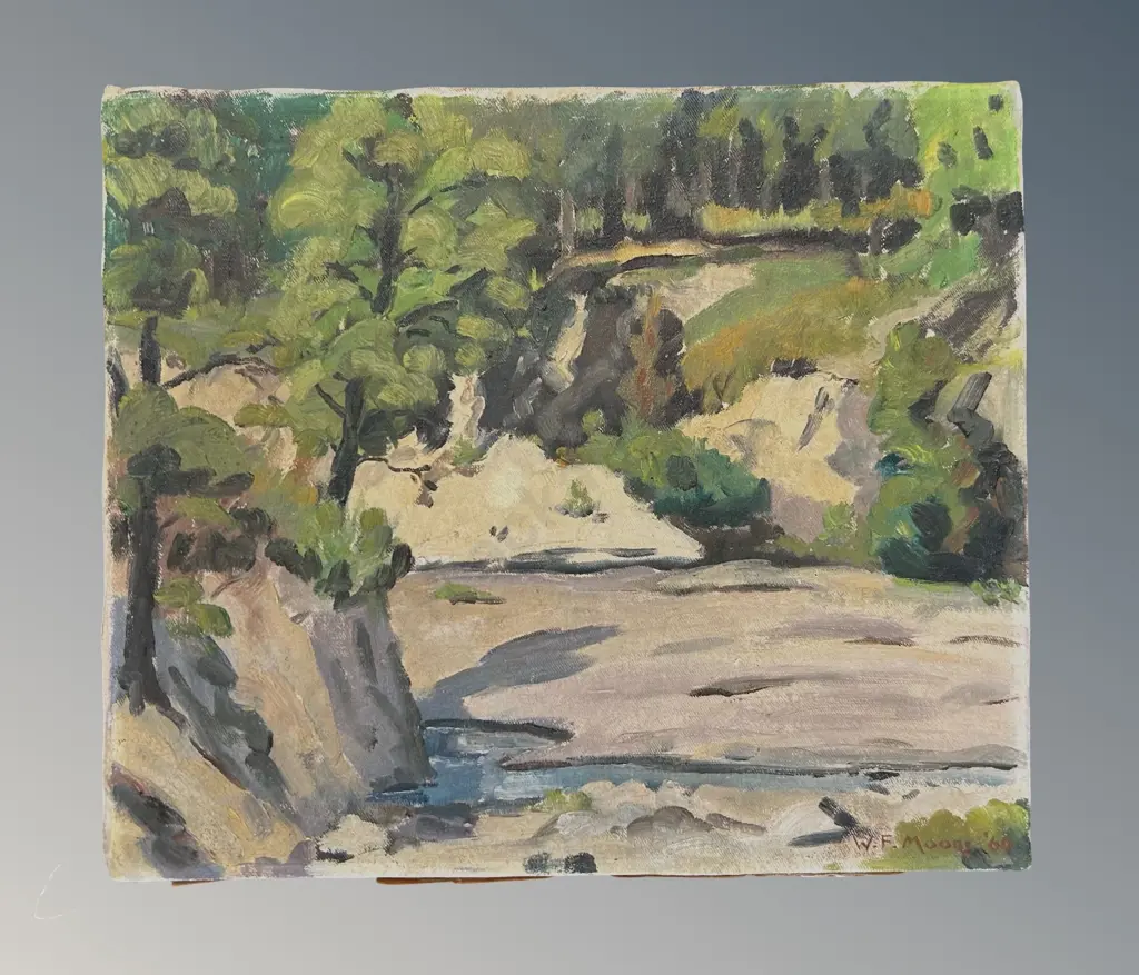 WF Moore - Sunshine and Shadow Kowhai Bush, oil on canvas, 305x360 Image 1++