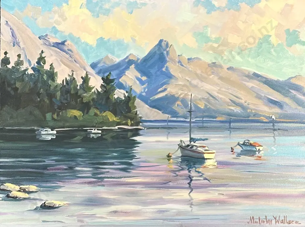 Malcolm Wallace - Boats on Lake Wakatipu, oil on board, 405x530mm Image 1++