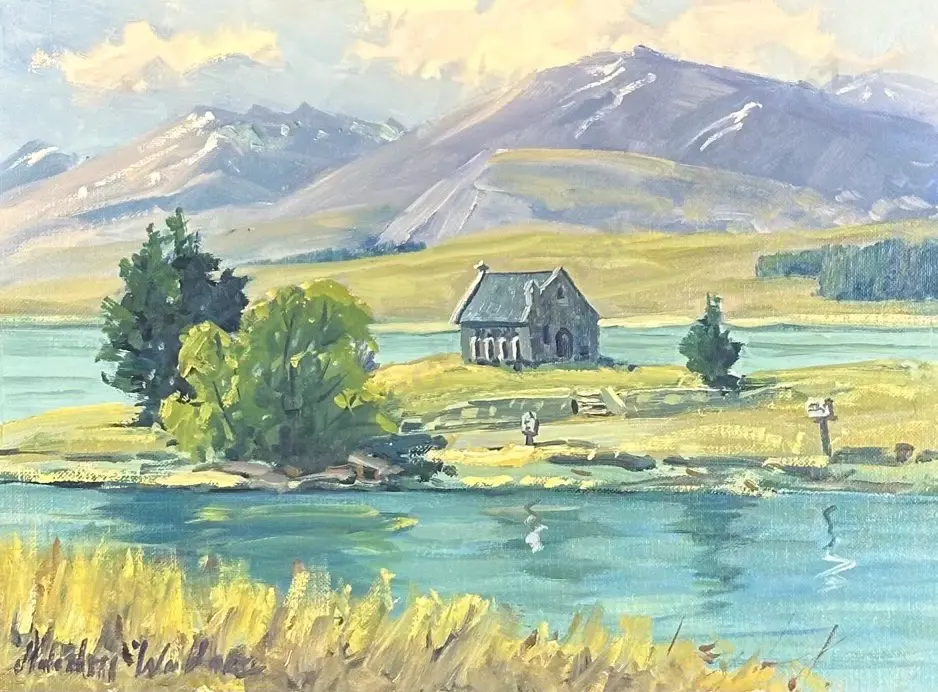 Malcolm Wallace - Church of the Good Shepherd, Tekapo, oil on board, 305x410mm Image 1++