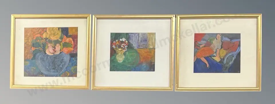 Jean Joyce (3) - Rose Bowl, Personage on a Couch & The Green Table, oil on paper, 145x170mm Image 1++