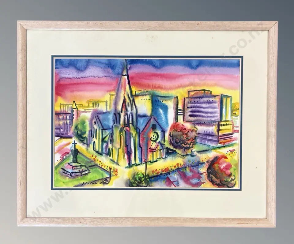 Julia Drake - Cathedral Square Christchurch, watercolour and wash on paper, 400x580mm Image 1++
