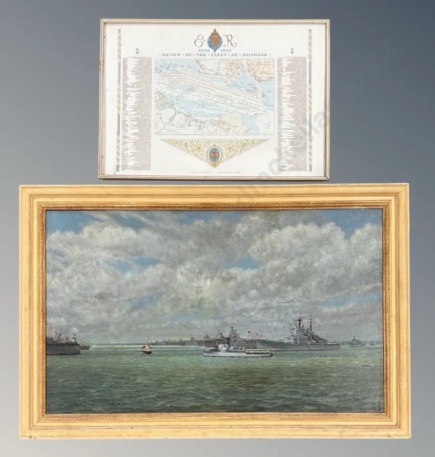 R Gurnell - The Queen Enters the Lines, oil on board 405x670mmm and Accompanying Review of the Fleet at Spithead Image 1++