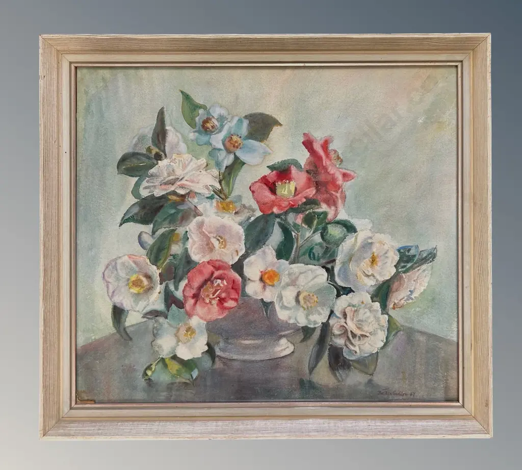 Beatrice Seddon - Camelias in a Blue Vase, watercolour on paper, 520x590mm Image 1++