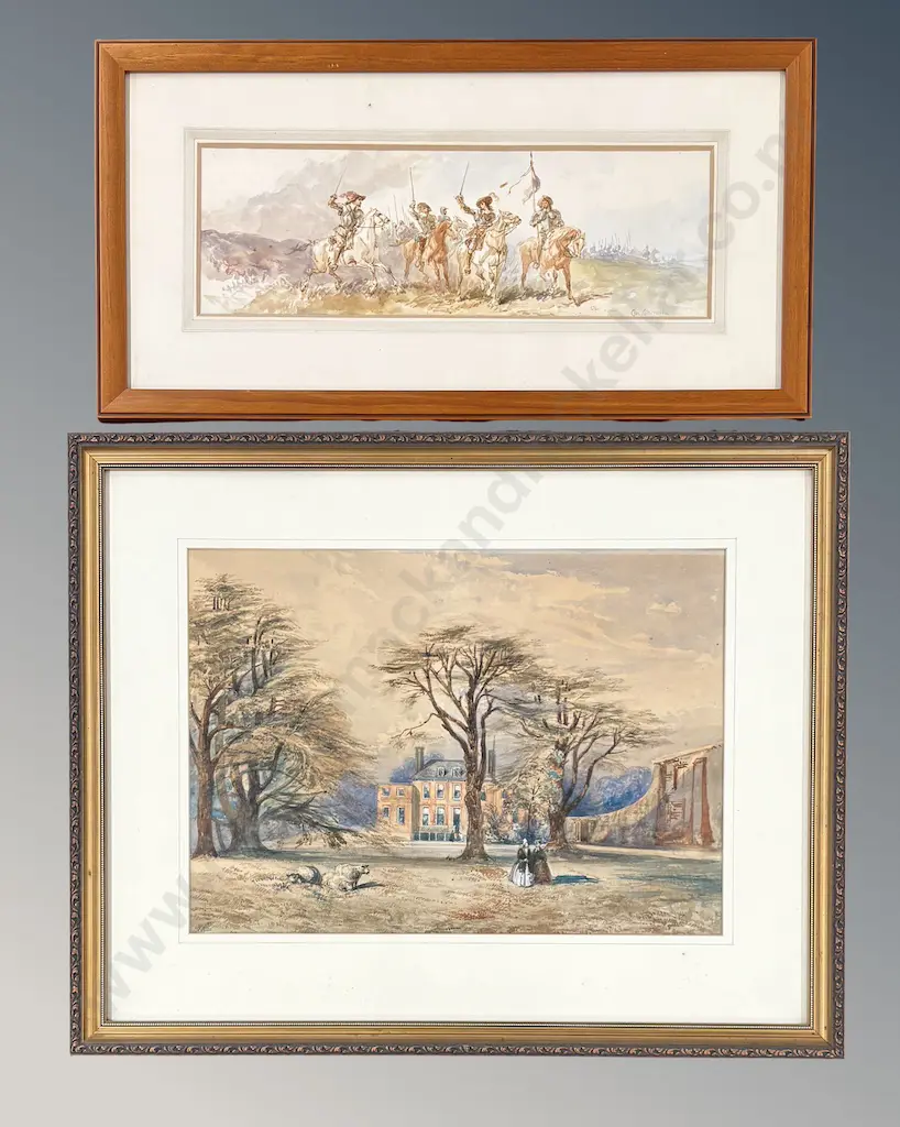 Chas Cattermole - Caveliers on Horseback, watercolour on paper, 140x430mm & Image 1++