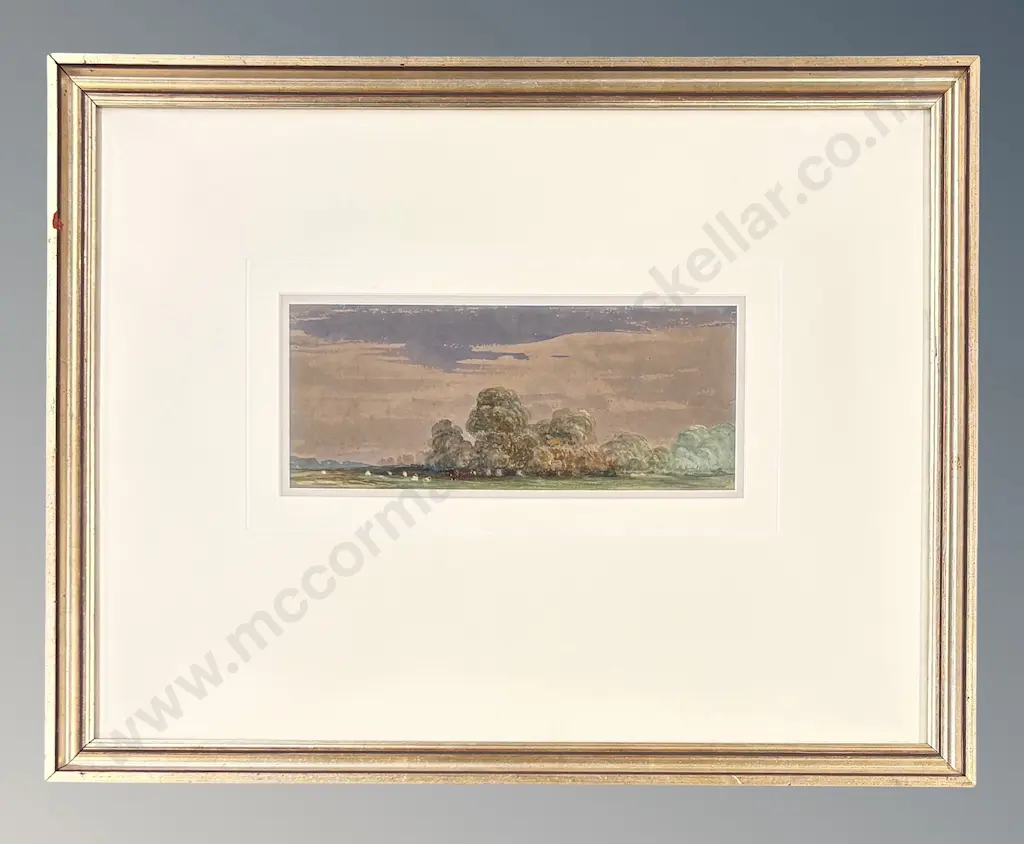 Unsigned - Cattle and Sheep Grazing, watercolour on paper, 110x270mm Image 1++