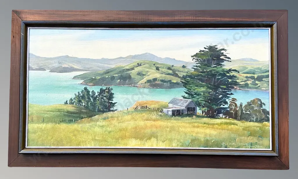 Robert McDowell - Akaroa Harbour, from the Lighthouse Road, 1976, oil on board, 295x600mm Image 1++