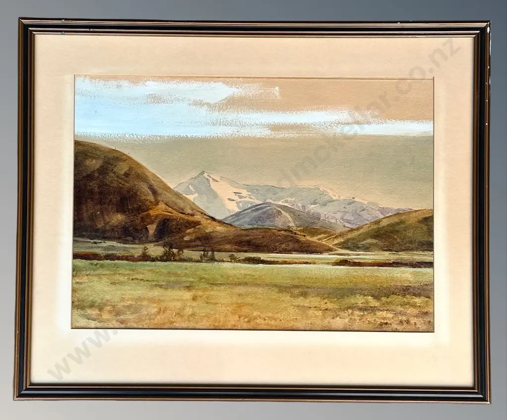 Robert McDowell - Mt Hutt from Single Tree, Alford Forest, 1980, watercolour on paper, 310x435mm Image 1++
