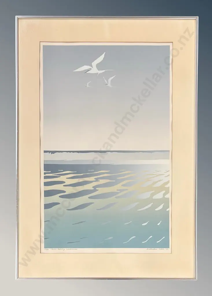 Malcolm Warr - Terns Fishing, Waikanae, 1977, screenprint, 43/60, 760x480mm Image 1++