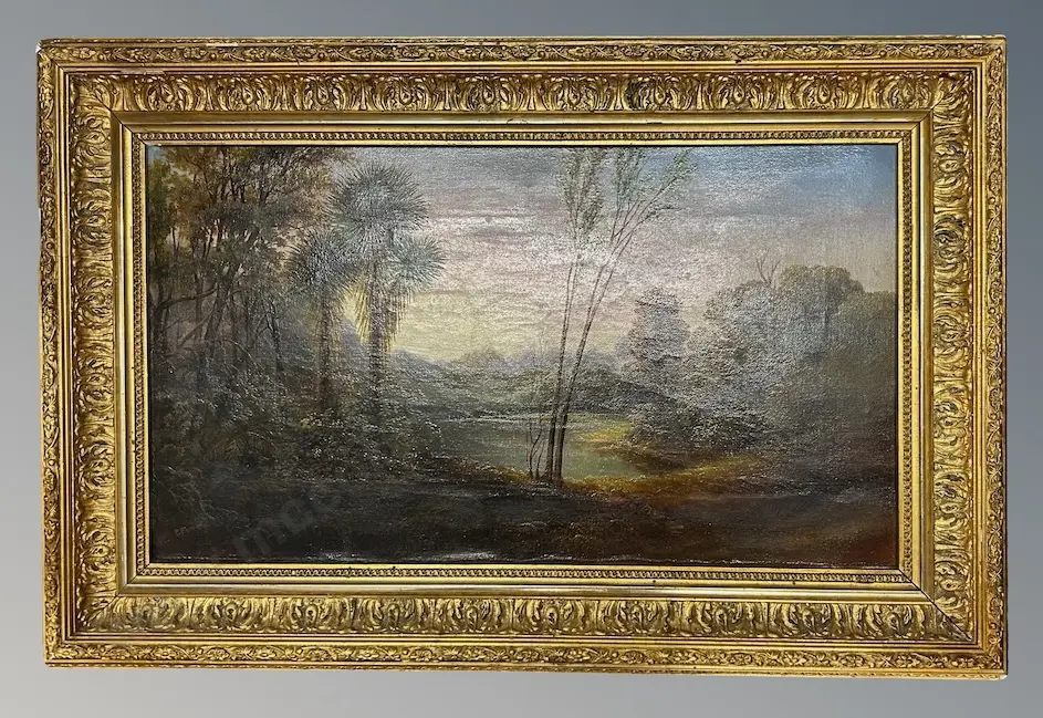 Peter Power - Lake and Bush, oil on canvas, AF frame 275x490mm Image 1++