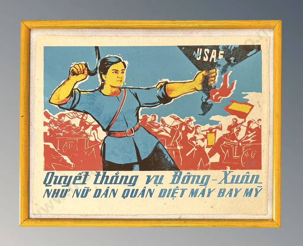 Vietnamese Propaganda Poster featuring a Woman Soldier shooting down US Aircraft, 300x400mm Image 1++