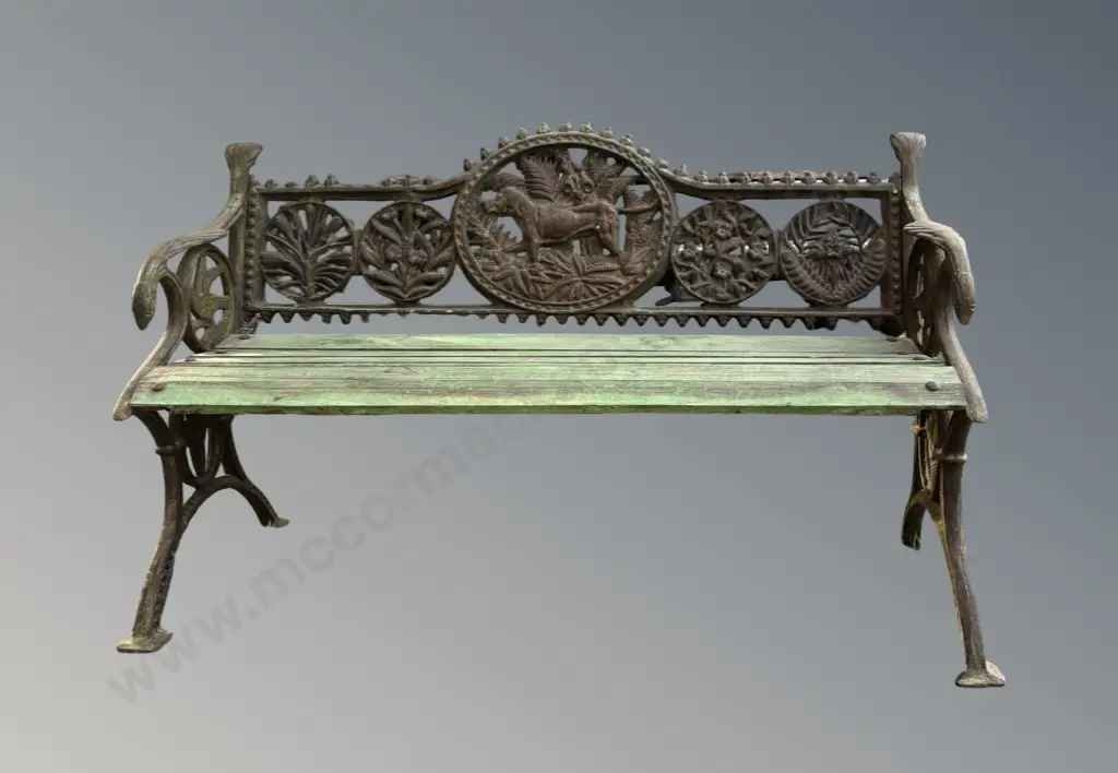 Cast Iron Bench Seat with Wooden Slats, Dog, Fauna and Bird Motifs L125xH76cm Image 1++