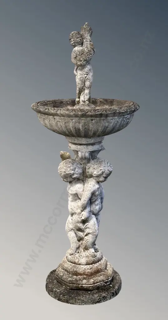 Concrete Fountain with Cherubs at Base and Boy Holding Fish H117cm Image 1++