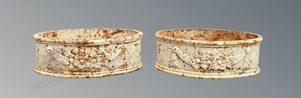 Pair of Small Cream Oval Cast Iron Troughs with Floral Motifs H8xL24x11cm Image 1++