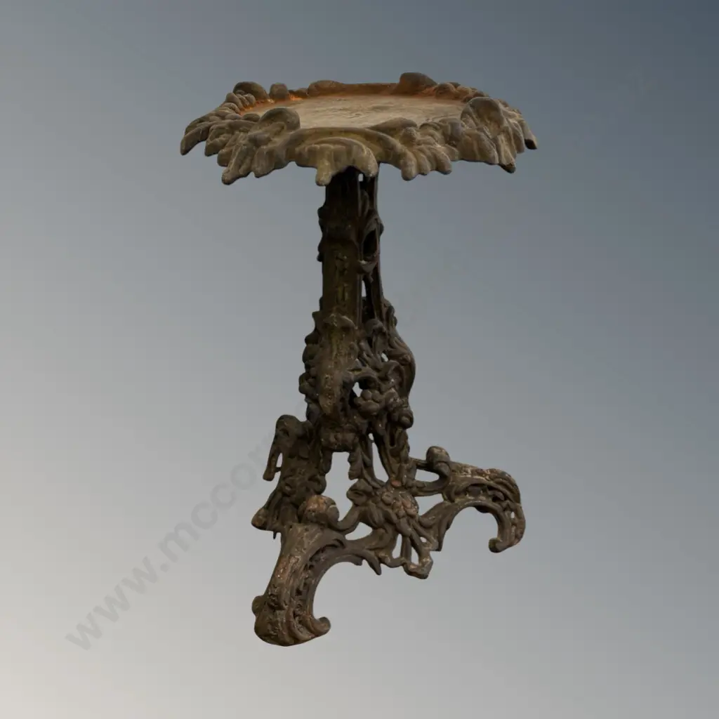 Cast Iron Plant Stand with Leaf Border around Top, Ornate Three Point Base H52xD35cm Image 1++