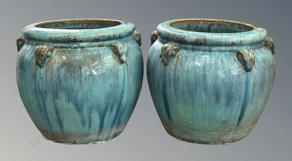 Pair of Glazed Turquoise Speckled Planters, H28xD32cm Image 1++
