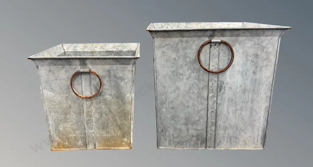 Pair of French Graduated Tin Dolly Bins with Rusted Handles H34xWD35cm, H27xD27cm Image 1++