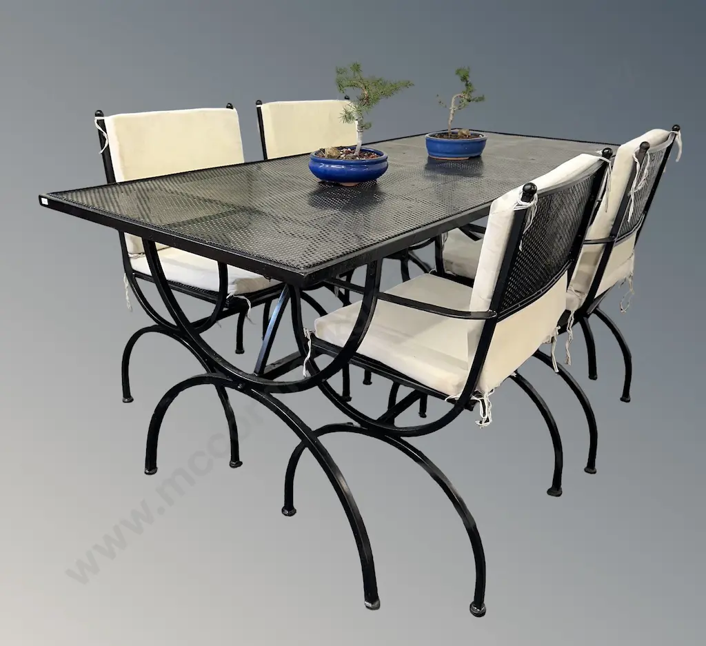 Black Wrought Iron Refectory Based Outdoor Table and 4 Armchairs with Cushions, L170xW70xH75cm Image 1++