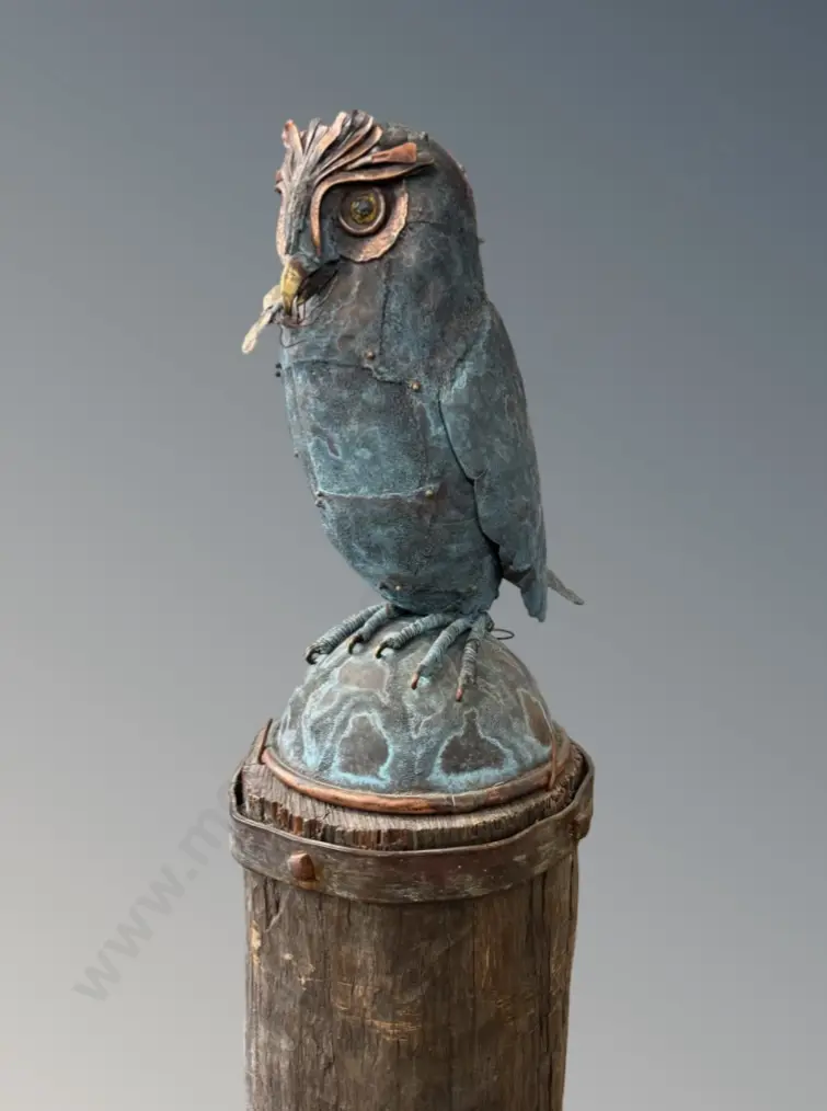 Copper Owl Sculpture on Lamp Post Base H119cm Image 1++