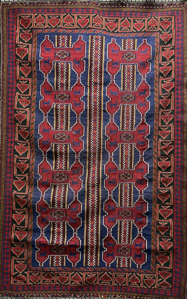 Moschwani Persian Carpet with Animal Motifs - Burgandy and Navy Tones 225x135cm Image 1++