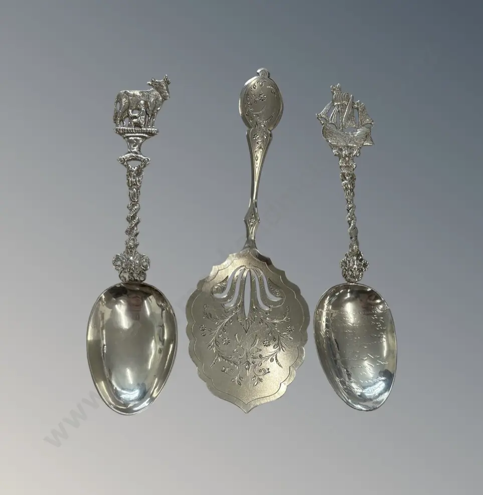 Three Sterling Silver Decorative Spoons, TW126gms Image 1++