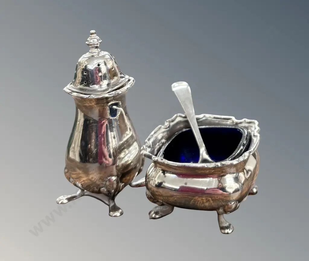 Sterling Silver Footed Pepper Pot, Open Salt with Blue Liner and Spoon, TW76gms (w/o liner) Image 1++