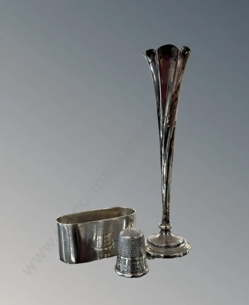 Sterling Silver Spill Vase(weighted base), Napkin Ring and Thimble, TW52gms Image 1++