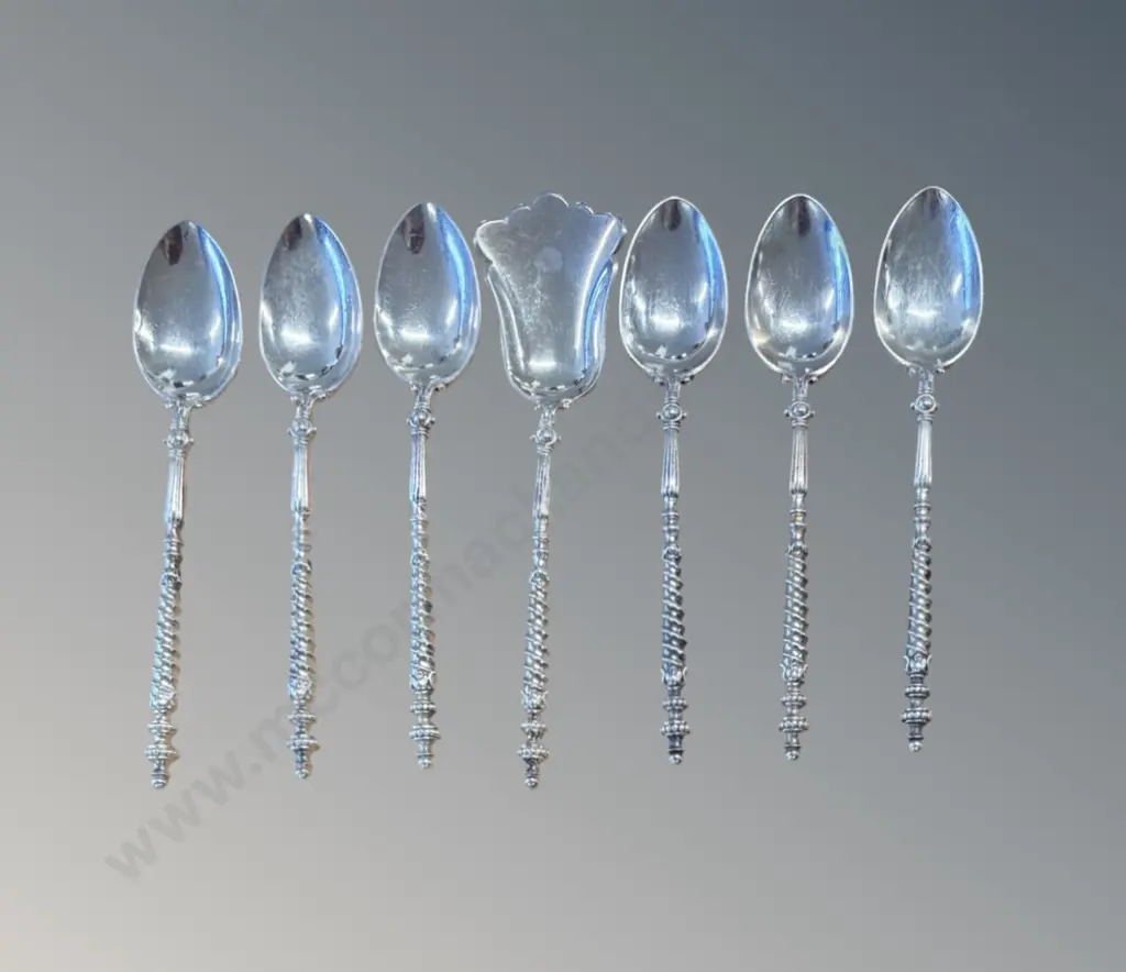 Six Sterling Silver Teaspoons and Sugar Spoon,TW91gms Image 1++