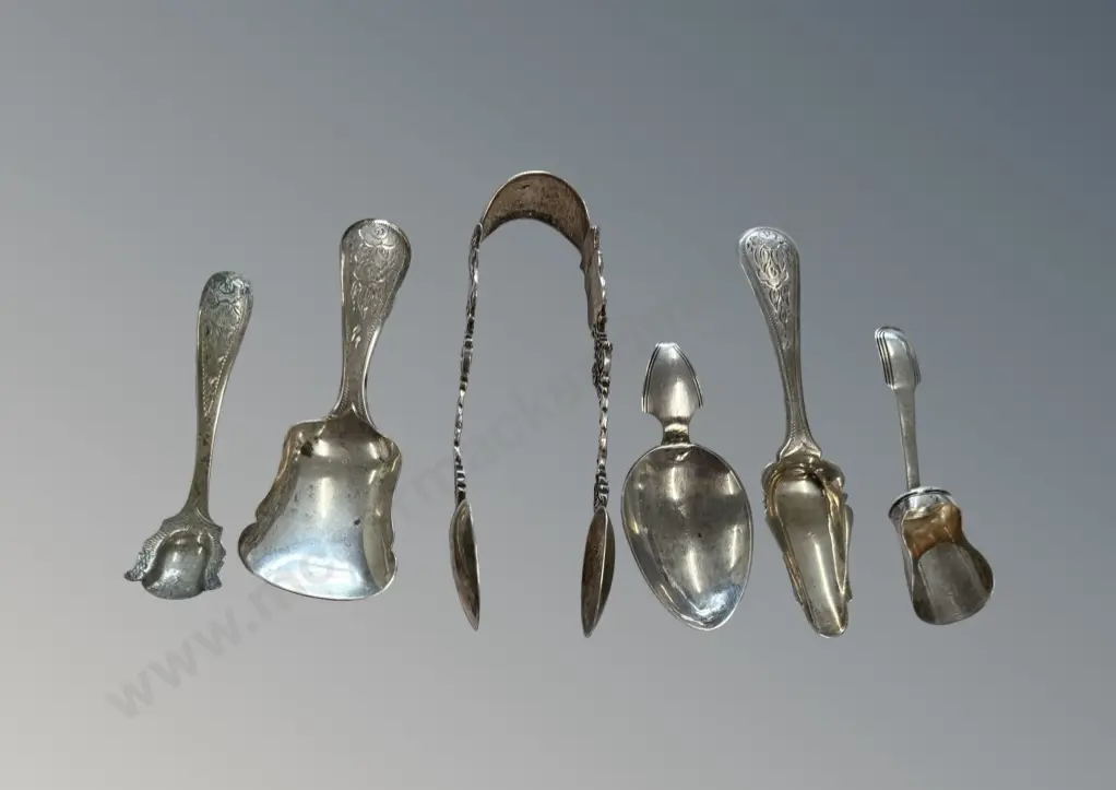 Five Sterling Silver Assorted Spoons & 835 Silver Sugar Tongs, TW73gms Image 1++