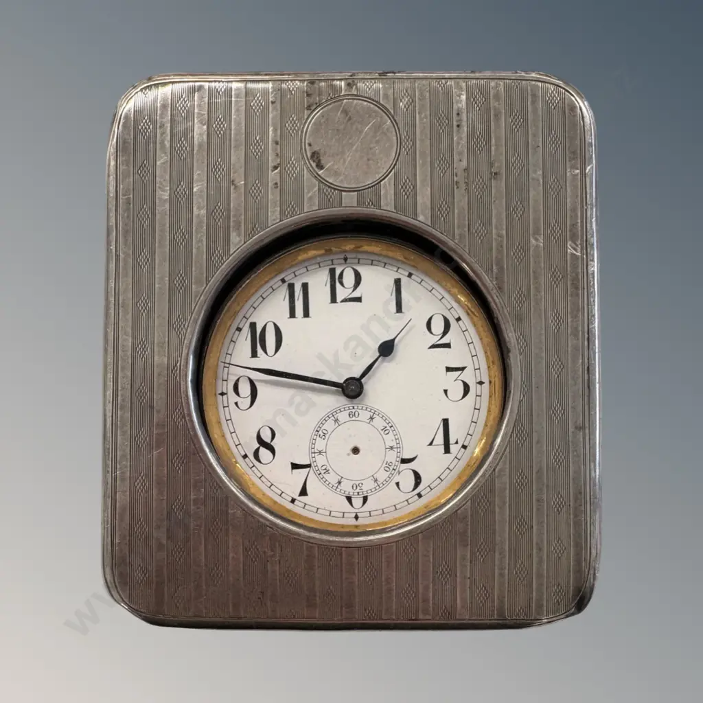 Sterling Silver and Leather Cased Travelling Clock, missing seconds hand Image 1++