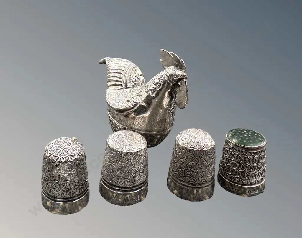 Sterling Silver Thimble, 2 Silver Plate Thimbles and Silver Plate Rooster Image 1++