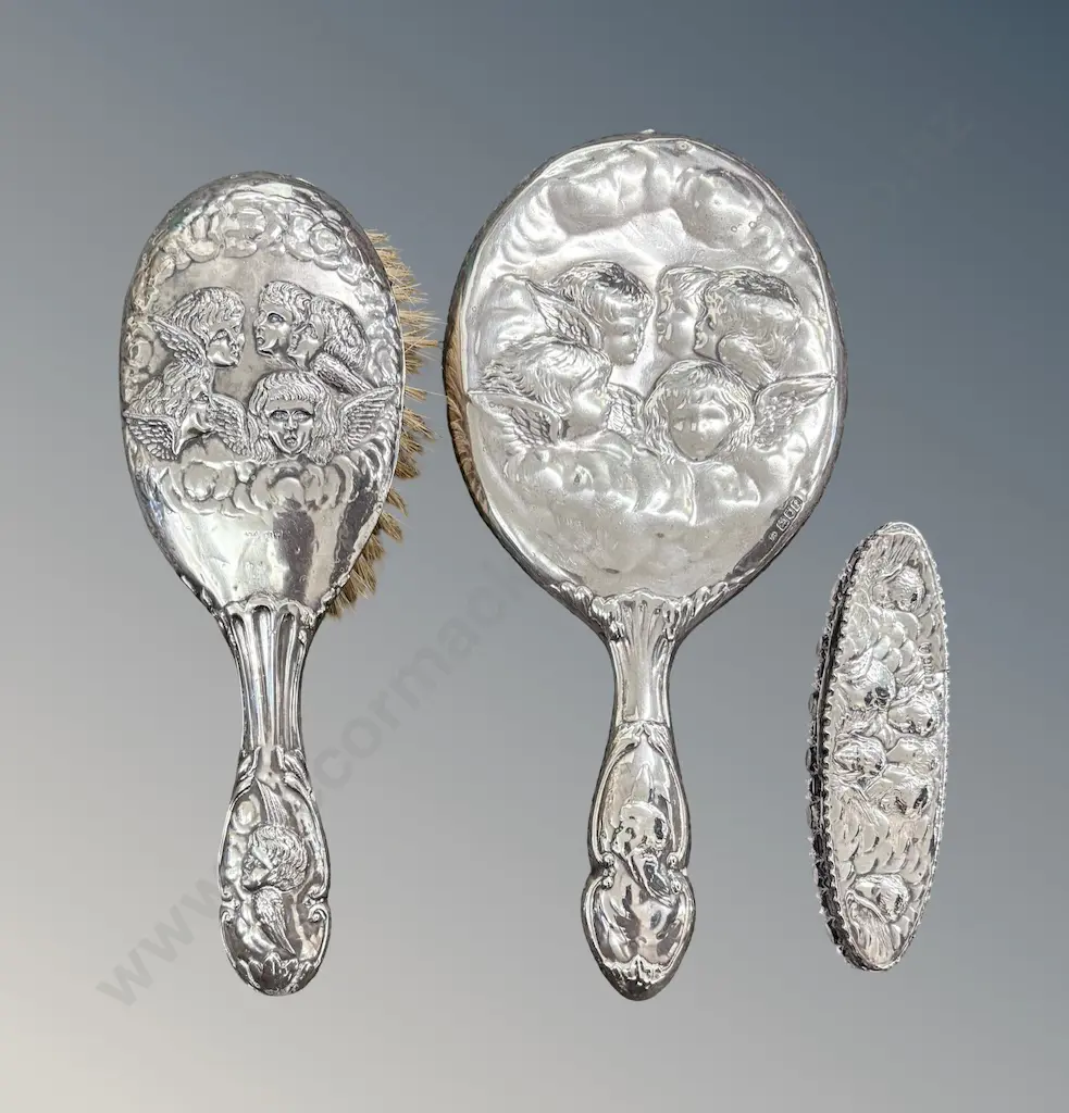 Sterling Silver Art Nouveau Dressing Table Set - Hand Mirror, Hairbrush and Pin Container TW500gms w/o glass base Image 1++