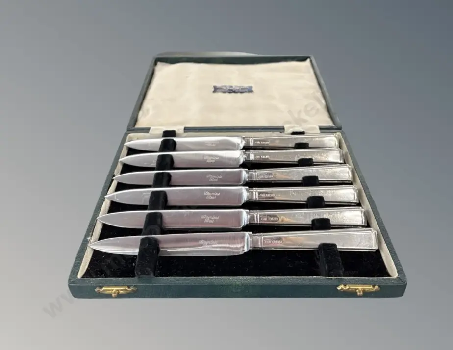Cased set of 6 Sterling Silver Handled Stewart & Dawson Knives, TW173gms Image 1++
