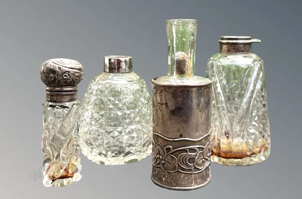 Four Sterling Silver and Cut Glass Scent Bottles (3 missing stoppers/lids) Image 1++