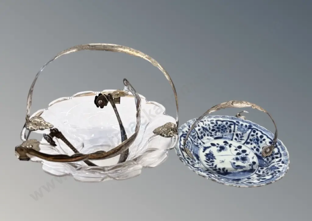 835 Silver Handled Blue & White Porcelain Dish, 835 Silver Handled Glass Dish and two 835 Silver Handles Image 1++