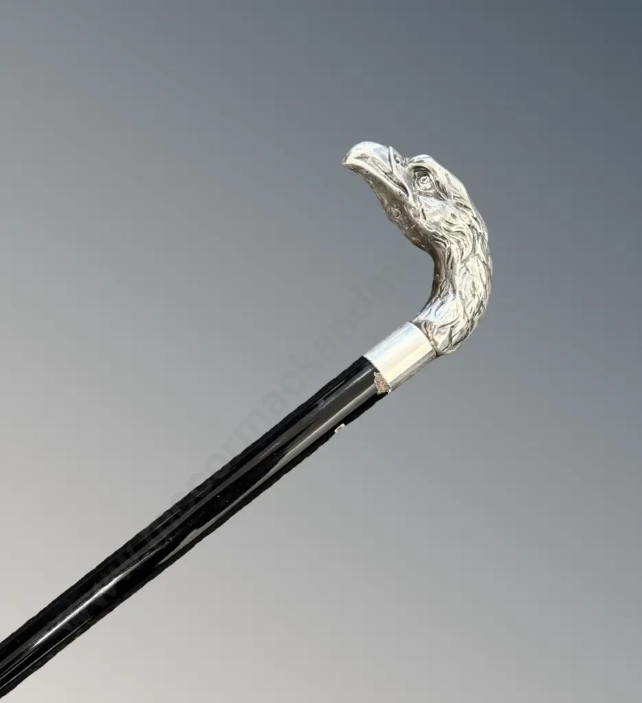 Italian Walking Stick with Sterling Silver Mounted Eagles Head Handle, H92cm Image 1++