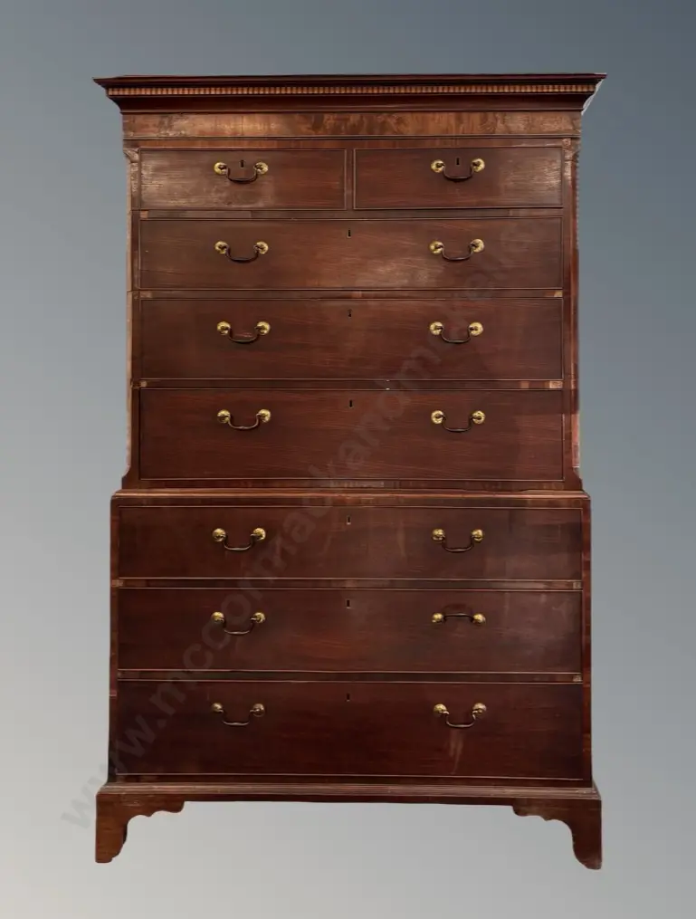 Mahogany Chest on Chest with Brass Drawer Pulls and Crossbanded Inlay along top Cornice, AF to veneer H189xL117xD58cm Image 1++