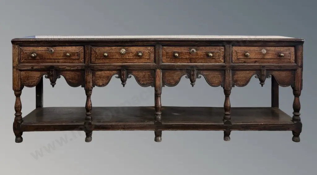 Georgian Oak Dresser Base with Four Drawers, Brass Knob Handles and Shaped Lower Frieze Detailing L242xH87xD47cm Image 1++