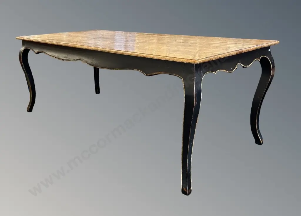 French Provincial Style Dining Table with Oak, Top ebonised and gilt cabriole Legs, L200xH78xW100cm Image 1++