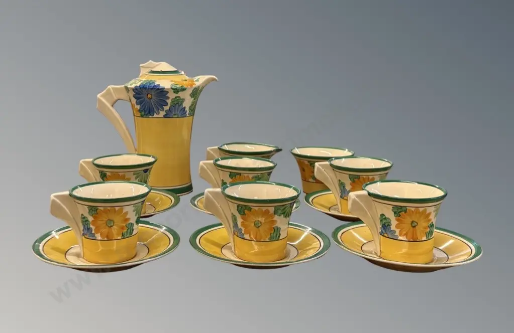 Art Deco 1930s Clarice Cliff Sungay, Bizarre Series Coffee Set, Sunflower Pattern, 15 pieces, AF crack to one cup Image 1++