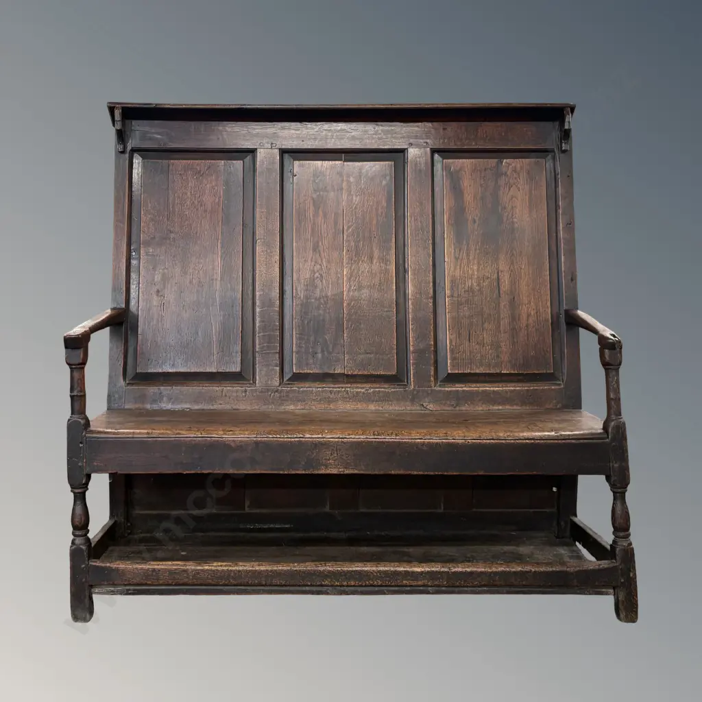 Georgian Oak Box Settle with High Paneled Back and Storage at Base H126xL132xD40cm Image 1++